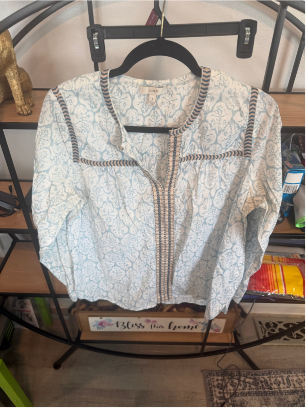 Women's J.Crew Blouse Size 8 White Blue Floral Embroidered Long Sleeve Top